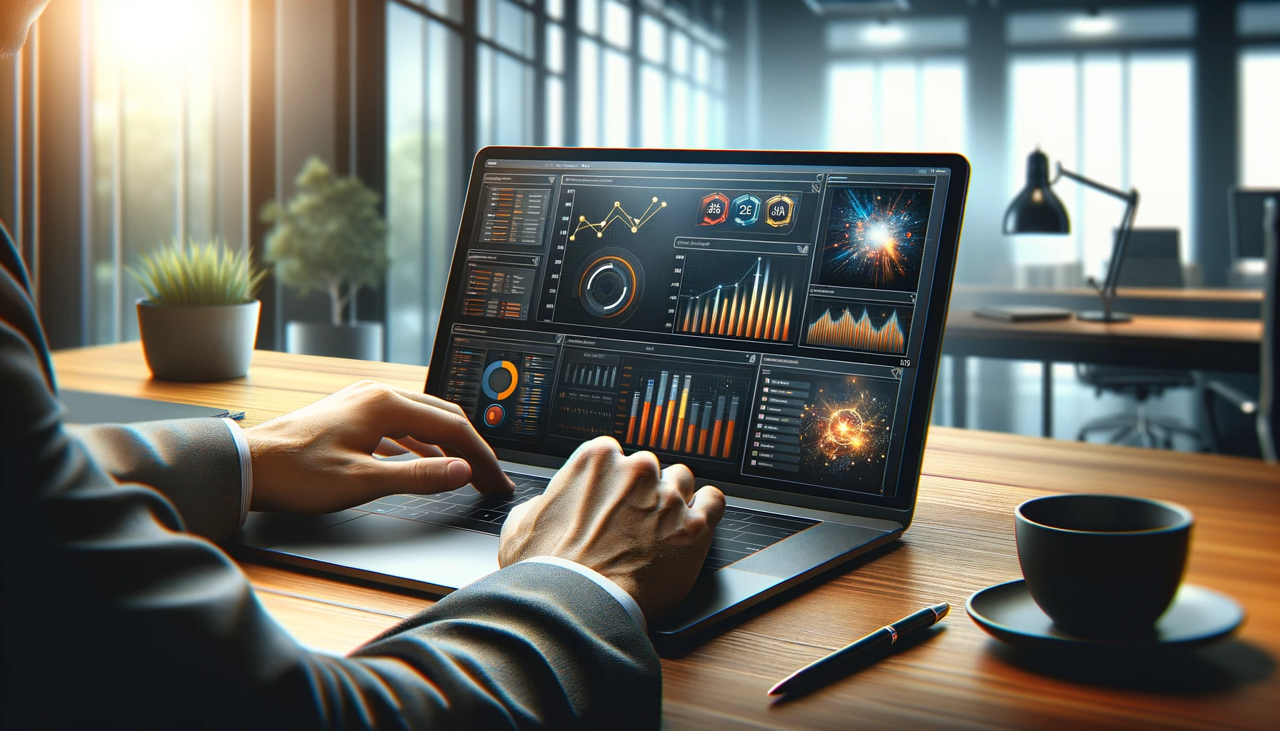 Digital marketing expert analyzing data analytics on a laptop in a modern office.