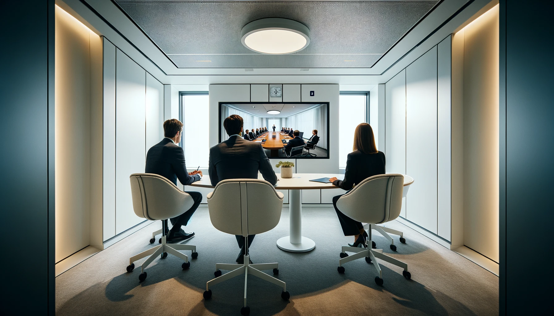 Professionals in a modern meeting room viewing AI market research analytics on a screen.