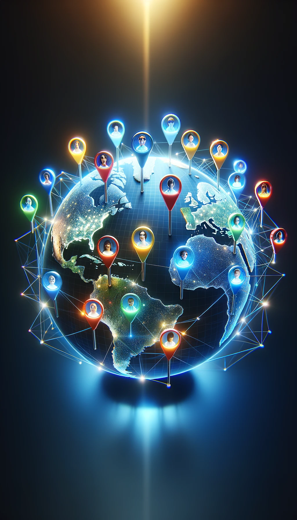  A 3D globe on a dark background with illuminated pins and avatars representing a diverse international team connected by digital lines.